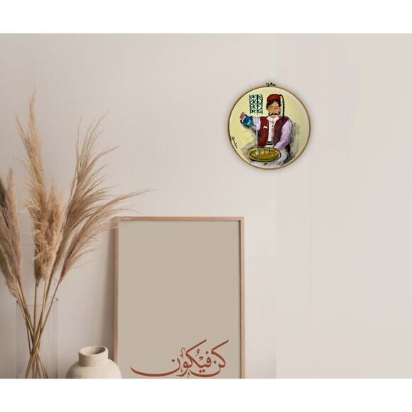 Handcrafted Circular Canvas Art – Traditional Tea Pouring Scene - Picture 5 of 5